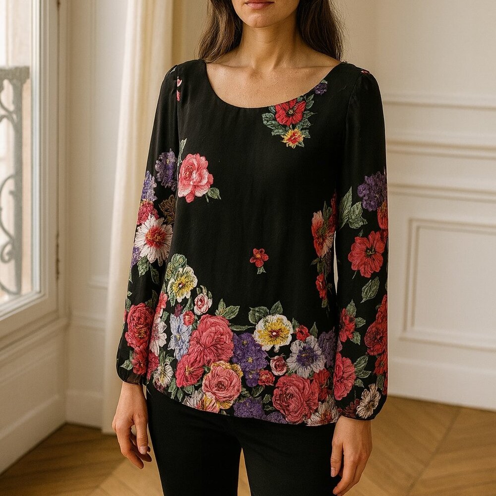Show Me Your Mumu Black Floral Long Sleeve Blouse Top Small